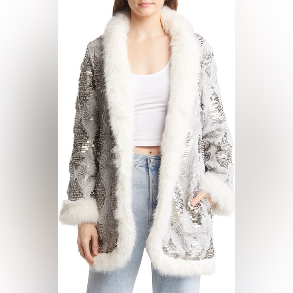 NWT Band of the Free Boho Sequin Faux Fur Open Front Jacket Size XS - Picture 1 of 12